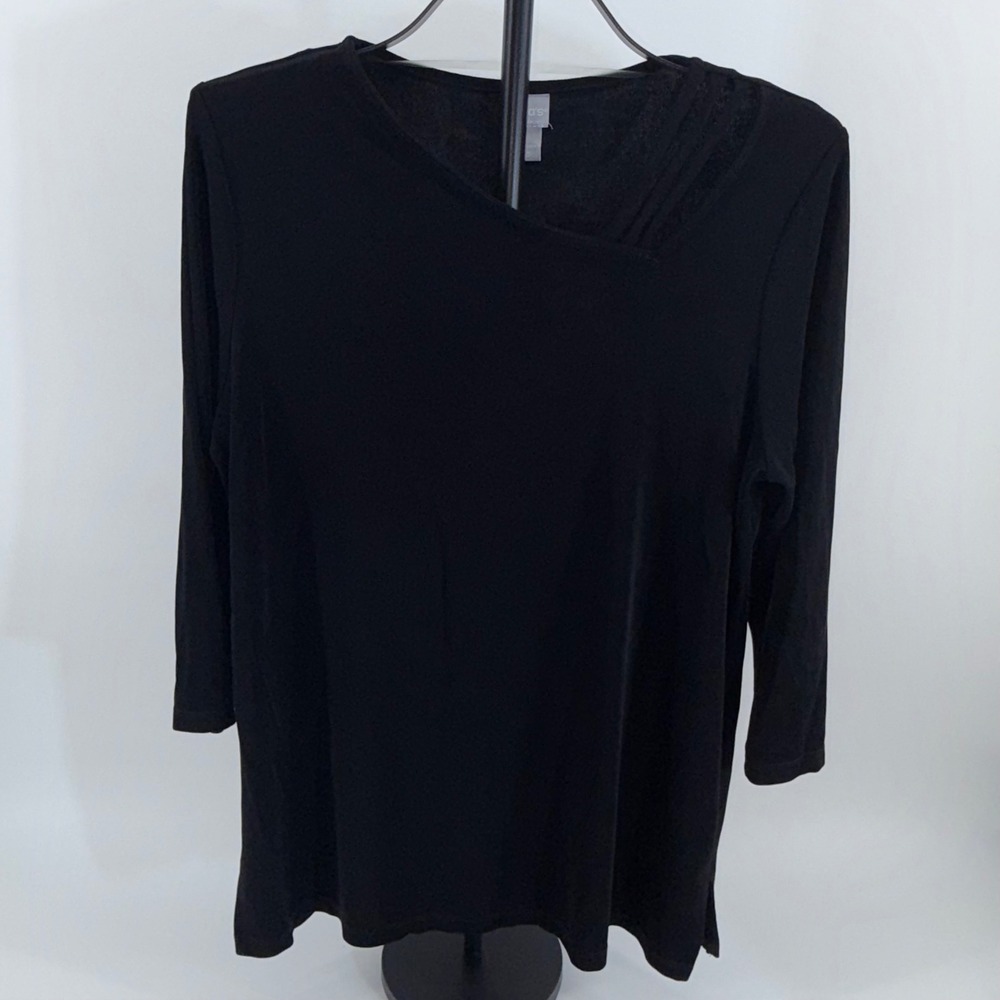 Chicos Travelers Black Asymmetric Strappy Neck Top Size 2 US 12/14 3/4 Sleeve